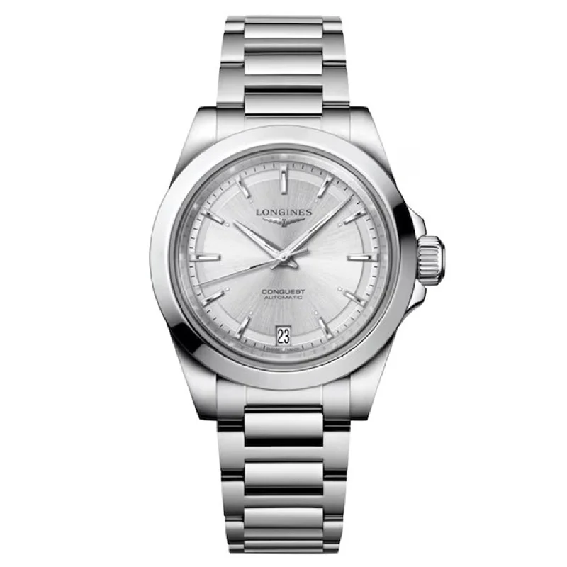 Women's Pilot Watches for Fitness Tracking-Longines Conquest Sunray Silver Dial Women 34mm