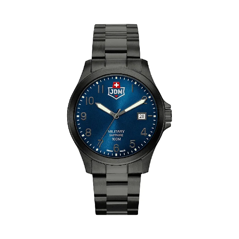 Men's Military Watches for Music Festivals-JDM Military Alpha I Men's 40mm Blue Dial Watch JDM-WG001-07 – Swiss Made, Sapphire Crystal, 10 ATM Water Resistance, Date Function