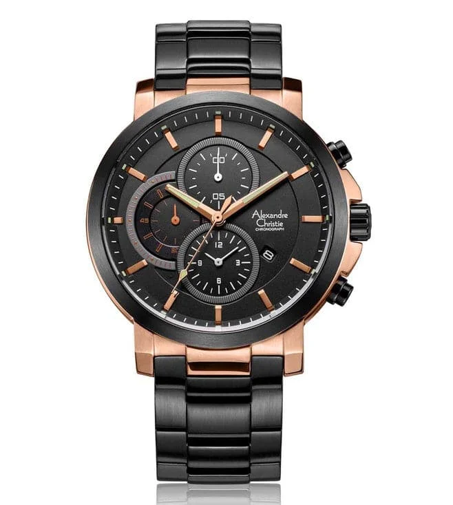 Men's Chronograph Watches with Barometer Calibration-Alexandre Christie Mens 45 Mm Alexandre Christie Black Dial Stainless Steel Analogue Watch - 6350Mcbbrba