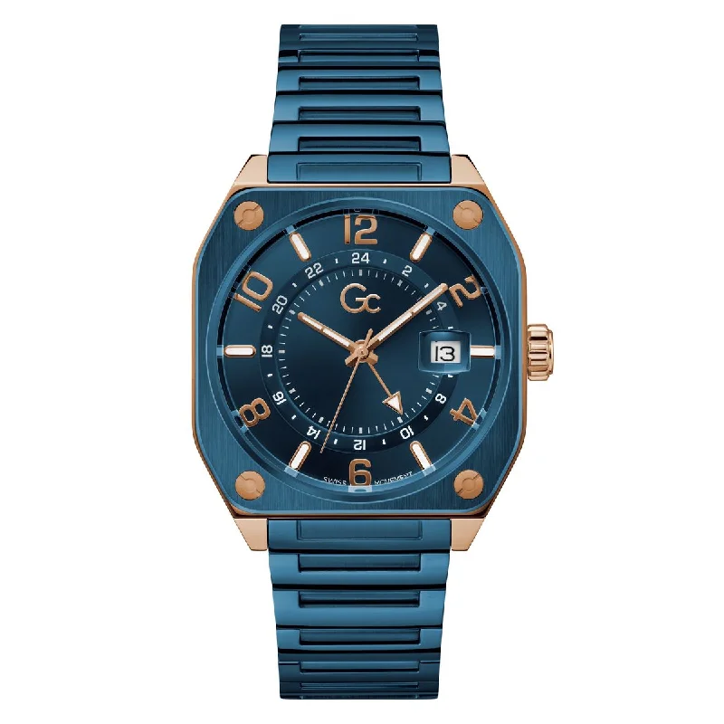 Women's Chronograph Watches with Dual Time Zones-Gc Blue Dial Square Case Quartz Analog Men Watch