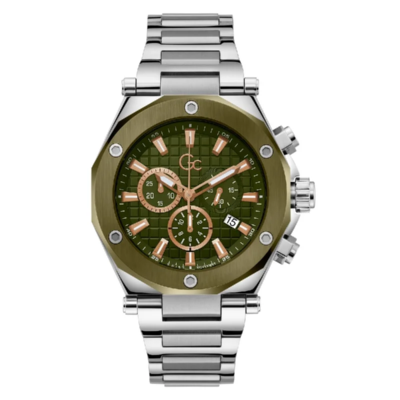Women's Chronograph Watches with Laser Engraving-Gc Green Dial Round Case Quartz Analog Men Watch
