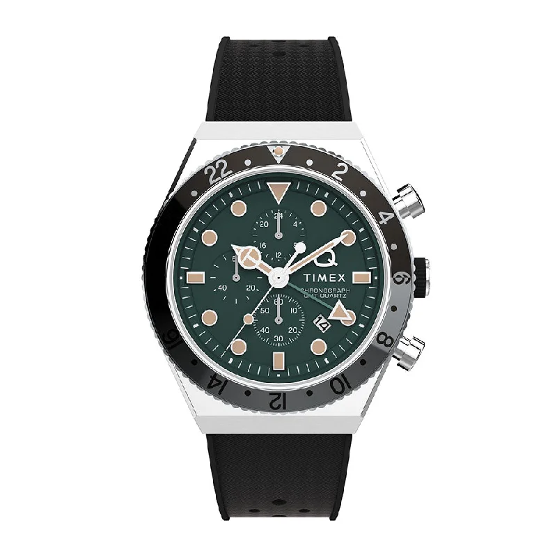 Men's Chronograph Watches for Military Personnel-Q Timex GMT Chronograph 40mm Rubber Band
