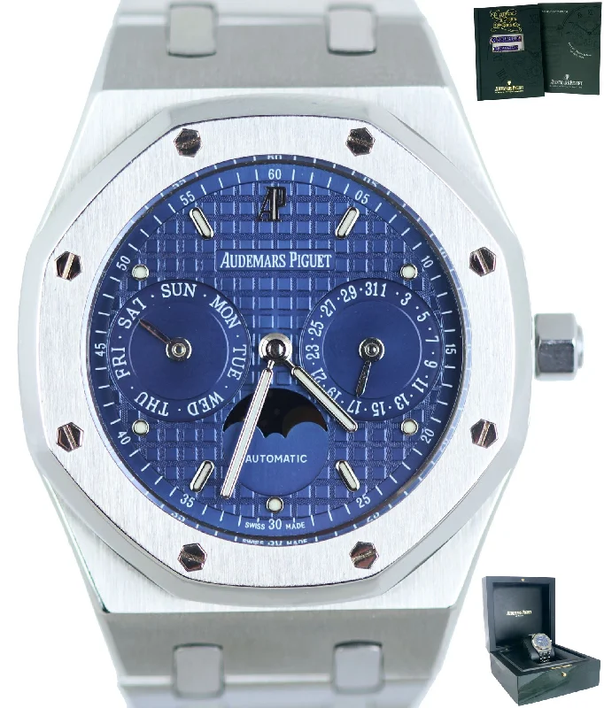 Audemars Piguet Medium Size Watches for Women-RARE MINT 2001 Audemars Piguet AP Royal Oak Day Date Moonphase Blue 36mm 25594