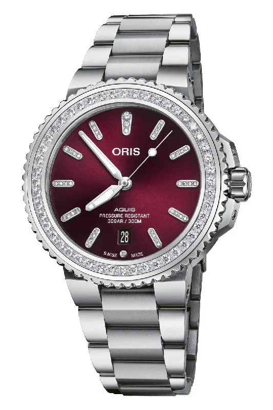 Men's Limited Edition Design Dress Watches for Collectors-Oris Aquis Date Cherry Diamonds 01 733 7766 4998-07 8 22 05PEB