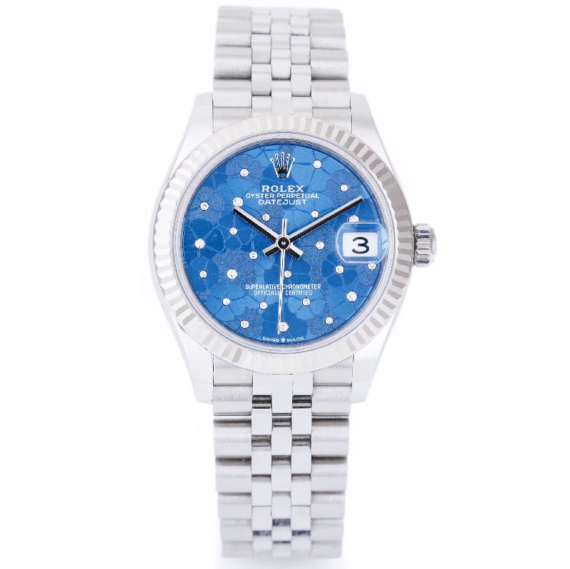 men's Rolex watches with screw-down crown -​Rolex DateJust 31 | REF. 278274 | 31mm | Blue Floral Motif Diamond Dial | Stainless Steel & 18k White Gold | Box & Papers | 2022