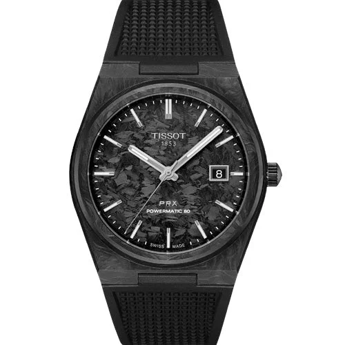 Women's Heritage Watches for Collectors-Tissot T-Classic PRX Powermatic 80 Black Carbon Dial Men 40mm T1379079720100