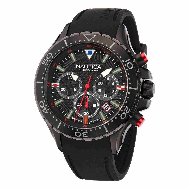 Women's Chronograph Watches for Retro Charm-Nautica NST Black Dial Round Case Quartz Chronograph Analog Men Watch