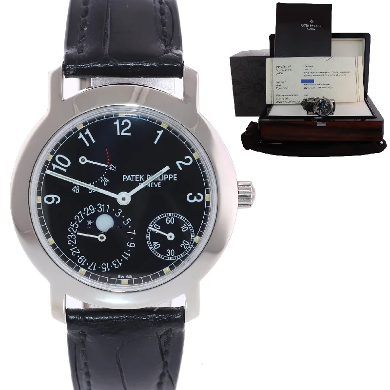 Women's Patek Philippe Twenty~4 Watches-PAPERS Patek Philippe 5055g White Gold 36mm Moonphase Black Leather Watch