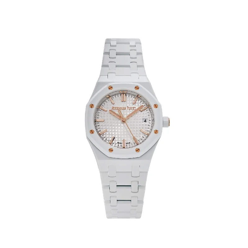 Men's Audemars Piguet Kinetic Style Watches-Audemars Piguet Royal Oak 77350CB.OO.1266CB.01 'Ladies' White Ceramic (2023)