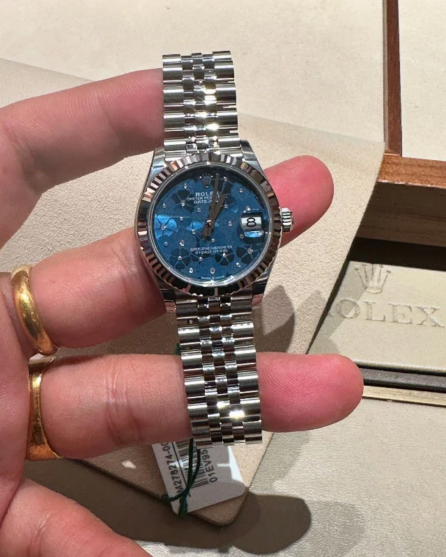 men's Rolex watches with exhibition case back -​DATEJUST 31MM BLUE AZZURRO FLORAL DIAL (2025)