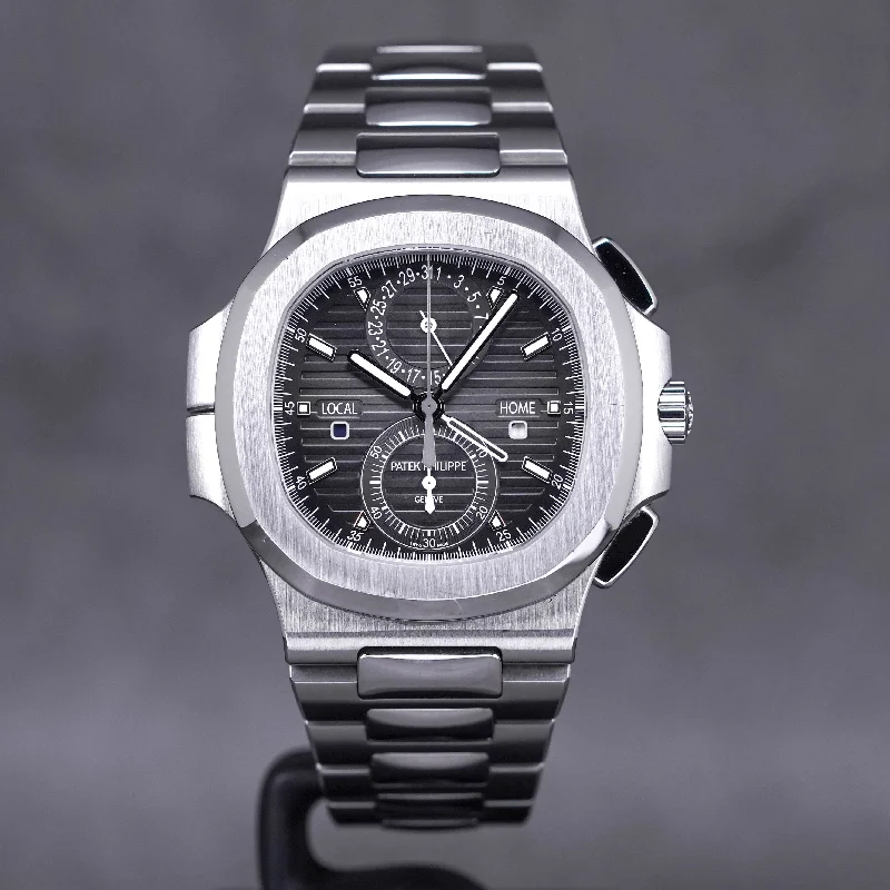 Men's Patek Philippe Watches with Limited Editions-NAUTILUS 5990/1A TRAVEL TIME STEEL BLACK DIAL (2018)