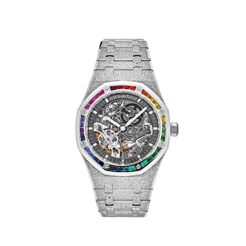 Men's Audemars Piguet Engagement Design Watches-Audemars Piguet Royal Oak 15412BC.YG.1224BC.03 Double Balance Wheel Rainbow Bezel Frosted White Gold