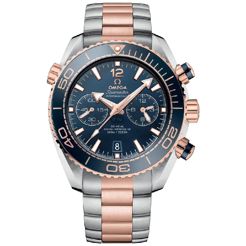 Women's Chronograph Watches with Luxury Materials-OMEGA Seamaster Planet Ocean 600M 45.5mm Blue Dial 18ct Rose Gold & Steel Automatic Chronograph Gents Watch 21520465103001