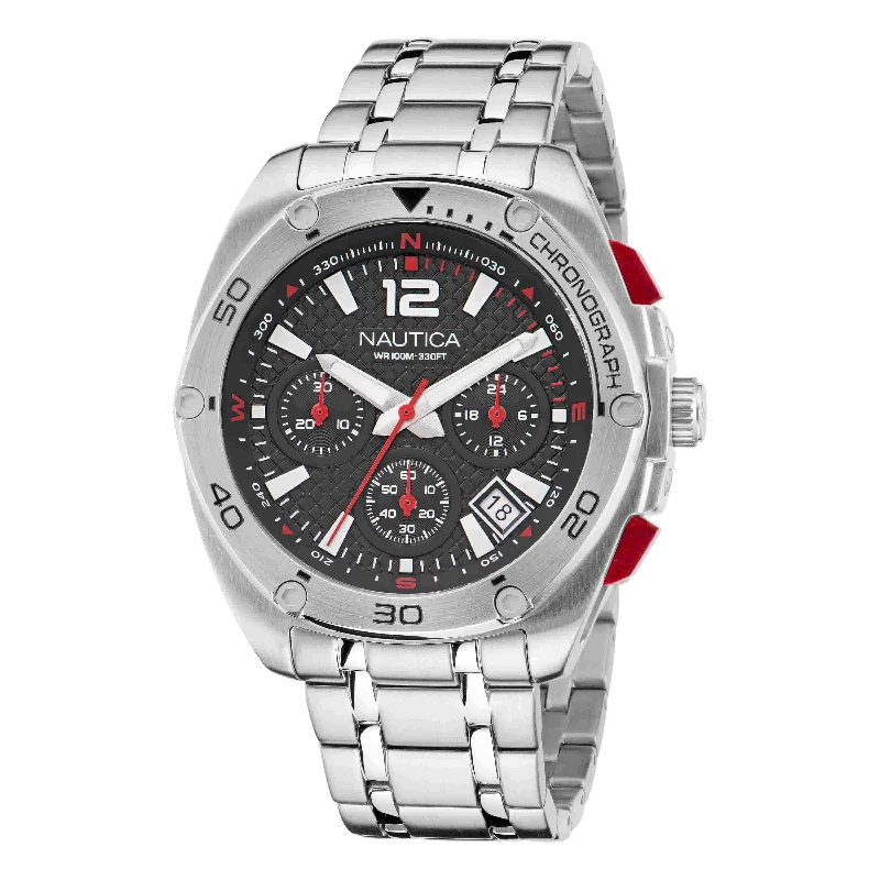 Women's Chronograph Watches for Navigation Instruments-Nautica Tin Can Bay Black Dial Round Case Quartz Chronograph Analog Men Watch