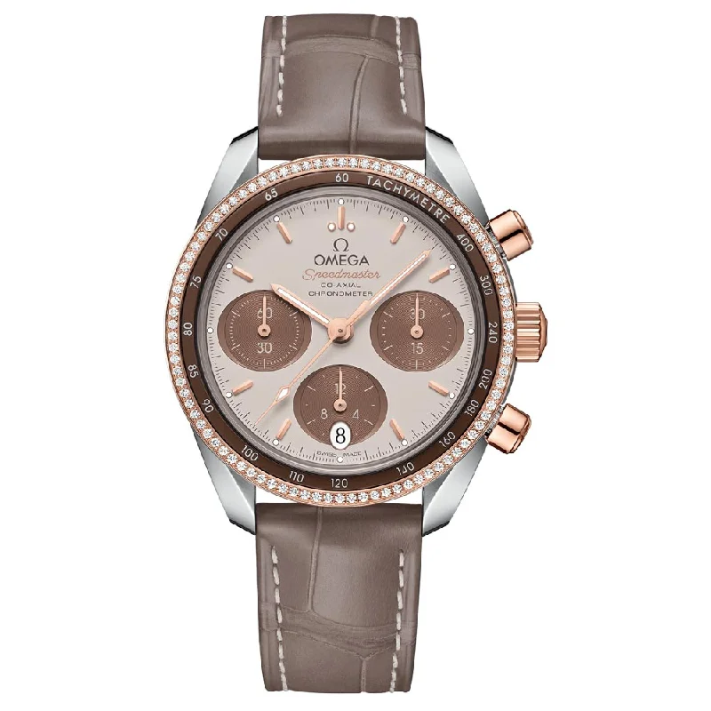 Women's Chronograph Watches for Workouts-OMEGA Speedmaster 38 Chronograph 38mm Brown Dial 18ct Rose Gold & Steel Diamond Automatic Watch 32428385002002