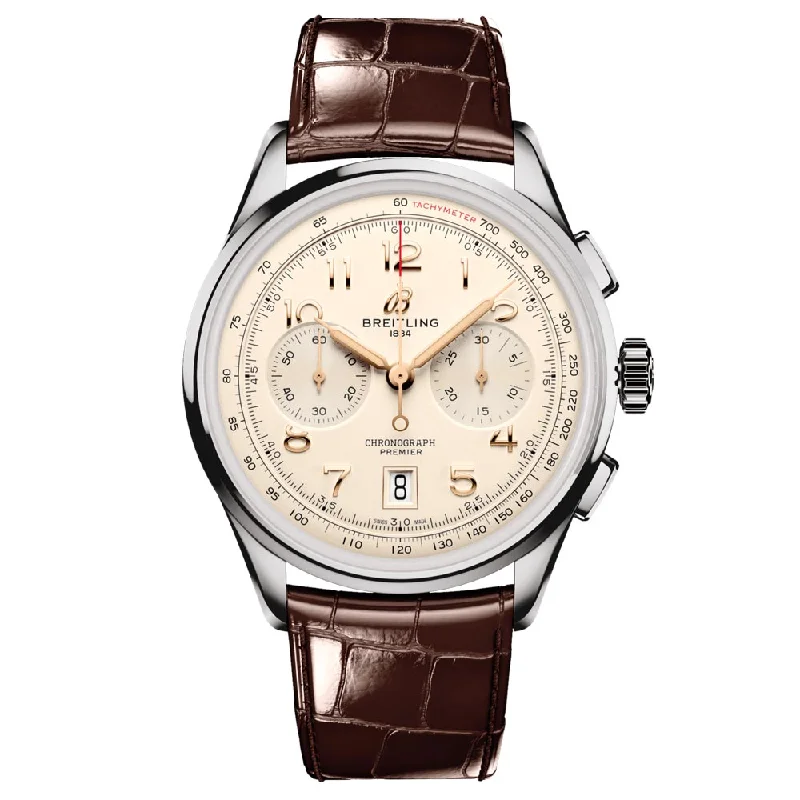 Women's Chronograph Watches with Heart Rate Monitoring-Breitling Premier B01 Chronograph 42mm Cream Dial Automatic Gents Watch AB0145211G1P1