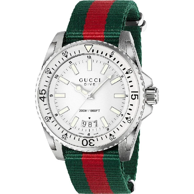 Men's Chronograph Watches for Humidity Monitoring-Gucci Men's YA136207 Dive Green and red Nylon Watch