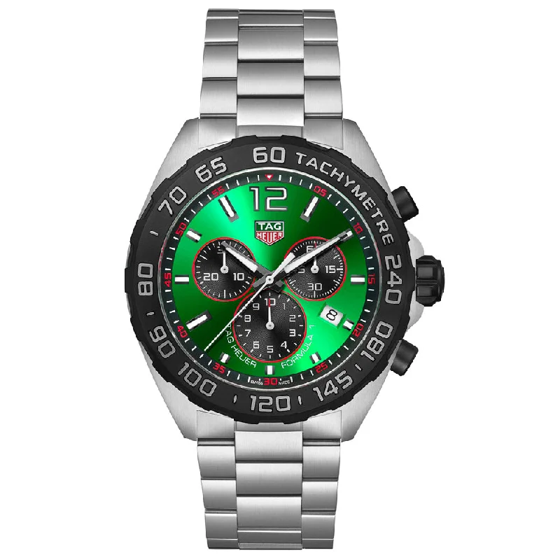 Women's Chronograph Watches with Vintage Inspiration-TAG Heuer Formula 1 43mm Green Dial Quartz Chronograph Gents Watch CAZ101AP.BA0842