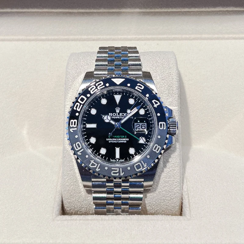 men's Rolex watches with rainbow gemstone bezel -​Rolex GMT-Master II 40mm 'Bruce Wayne' Steel Black Dial Button Markers 2025 Ref m126710grnr-0003 (#861)