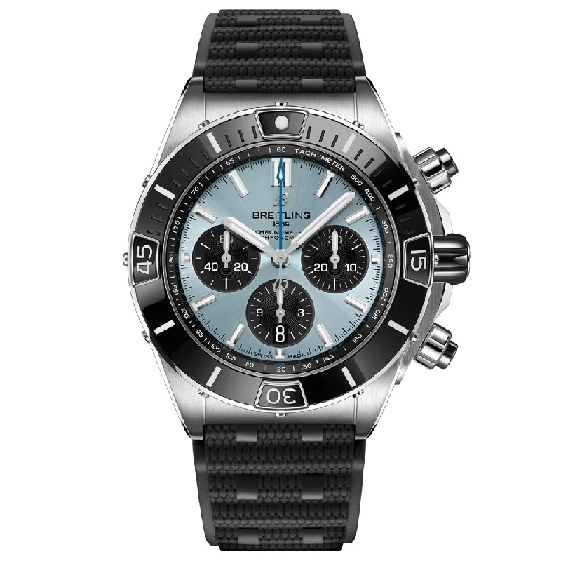 Women's Chronograph Watches with Morse Code Feature-Breitling Super Chronomat B01 44mm Blue Dial Steel & Platinum Automatic Chronograph Gents Watch PB0136251C1S1