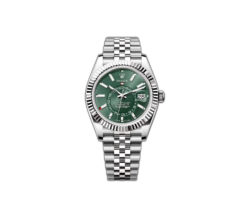 men's Rolex watches with smooth bezel -​42mm Stainless Steel Green Dial 18k Fluted Bezel Jubilee Bracelet