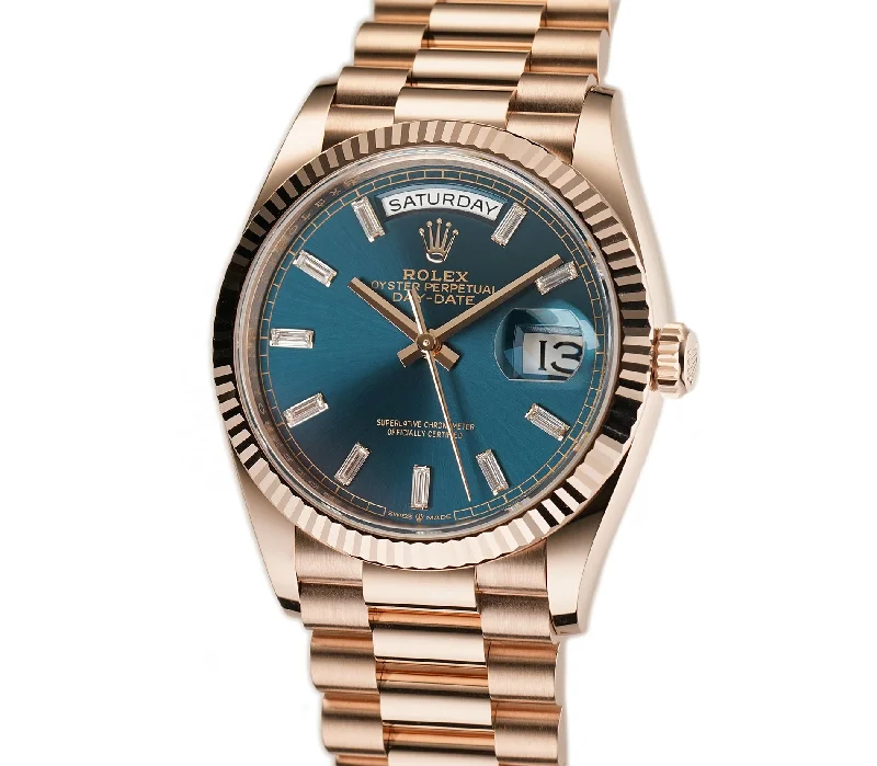 men's Rolex watches with open-heart design -​36mm 18k Everose Gold President Blue-Green Baguette Diamond Dial