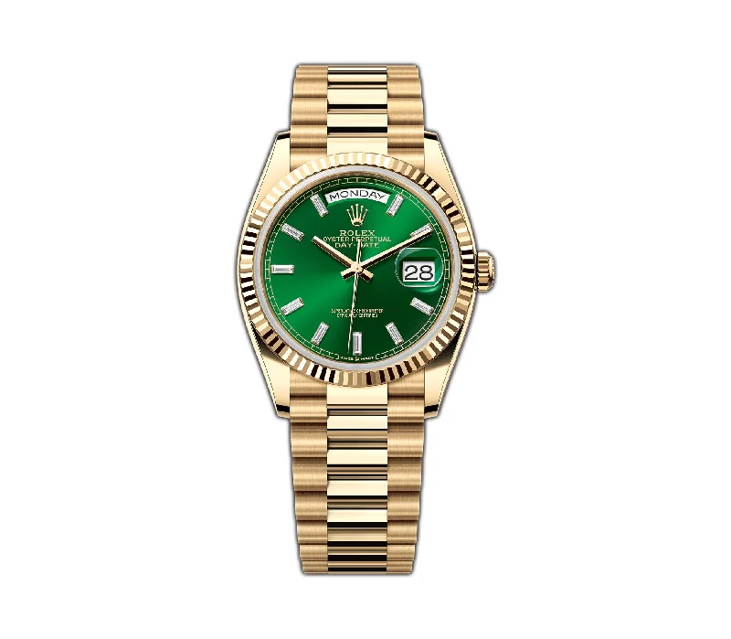 Rolex Datejust vs Day-Date comparison for men's dress watches -36mm President 18k Yellow Gold Green Baguette Diamond Dial