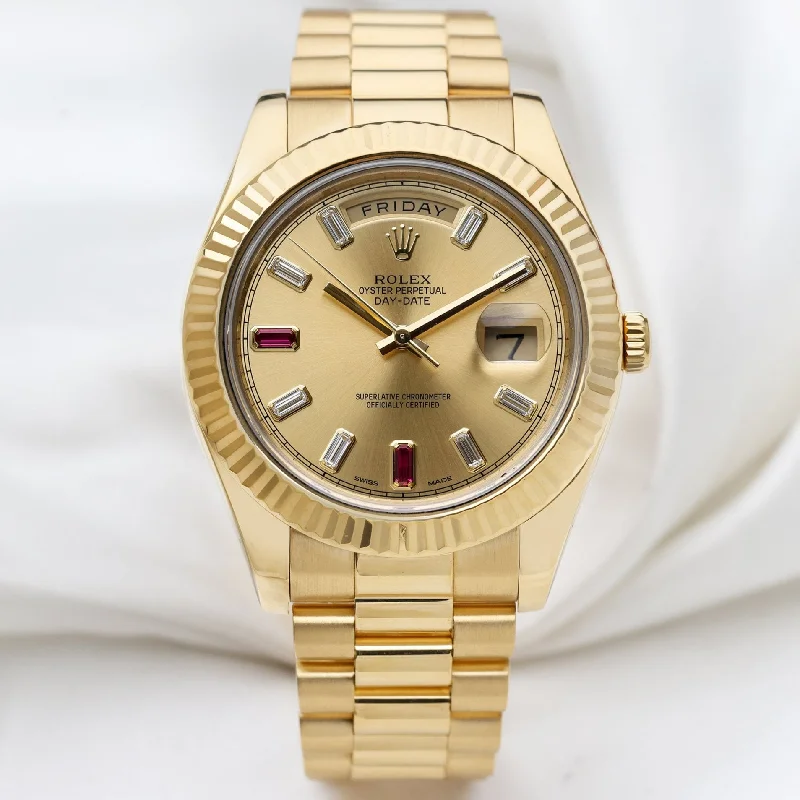best men's Rolex watches for collectors -​Rolex Day-Date II | REF. 218238 | Diamond & Ruby Baguette Gold Dial | 18k Yellow Gold