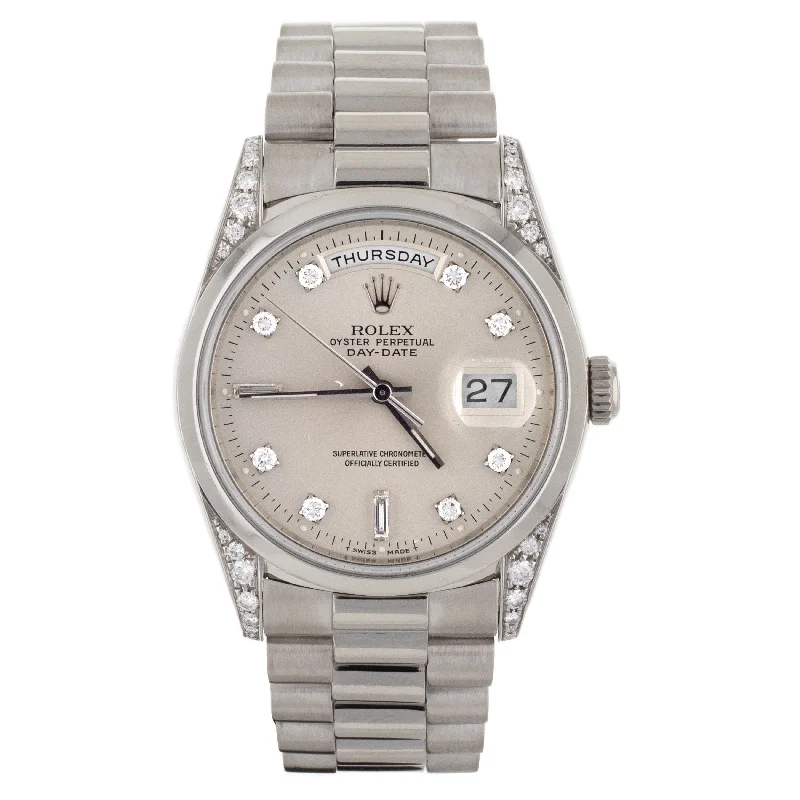 men's Rolex watches with perpetual calendar -​Rolex Day-Date 36 Platinum Factory Diamond Markers and Lugs 36mm 18296