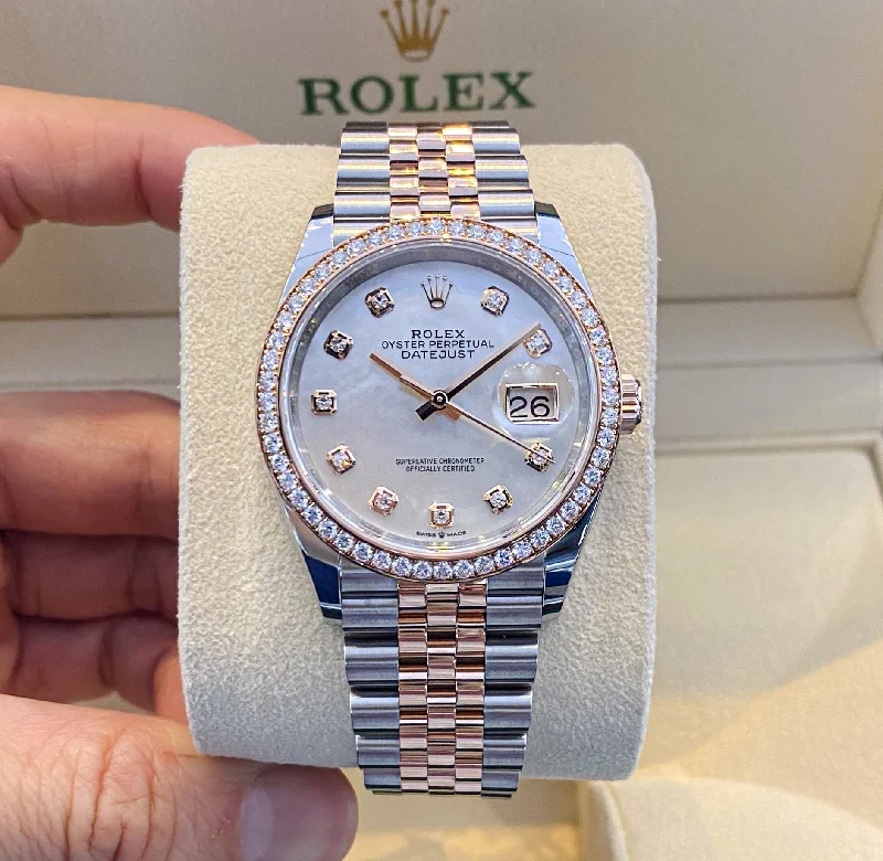 men's Rolex watches with emerald bezel -​Rolex Datejust36 36mm Steel/RG MOP Dial Diamond Markers 2024 Ref m126281rbr-0009 (#831)
