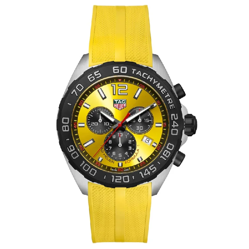 Women's Chronograph Watches for Understated Elegance-TAG Heuer Formula 1 43mm Yellow Dial Quartz Chronograph Gents Watch CAZ101AM.FT8054