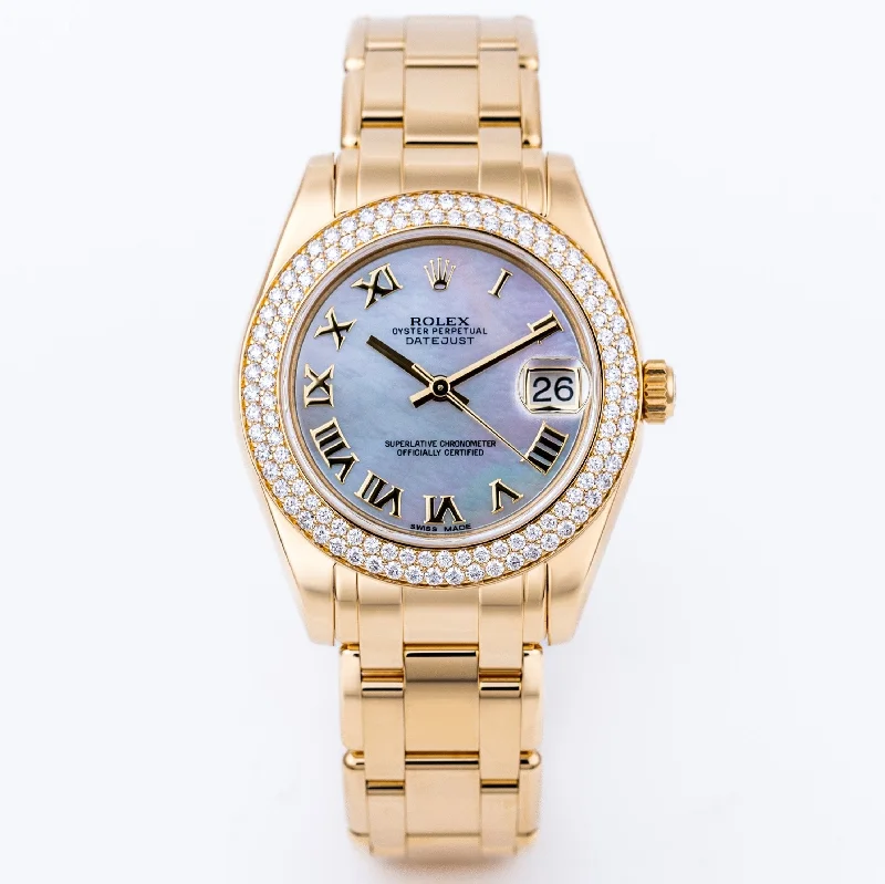 Cheapest authorized dealer for Rolex men's watches USA -Rolex Pearlmaster DateJust 34 | REF. 81338 | Mother of Pearl Roman Dial | Double Diamond Bezel | Box & Papers | 2012 | 18k Yellow Gold