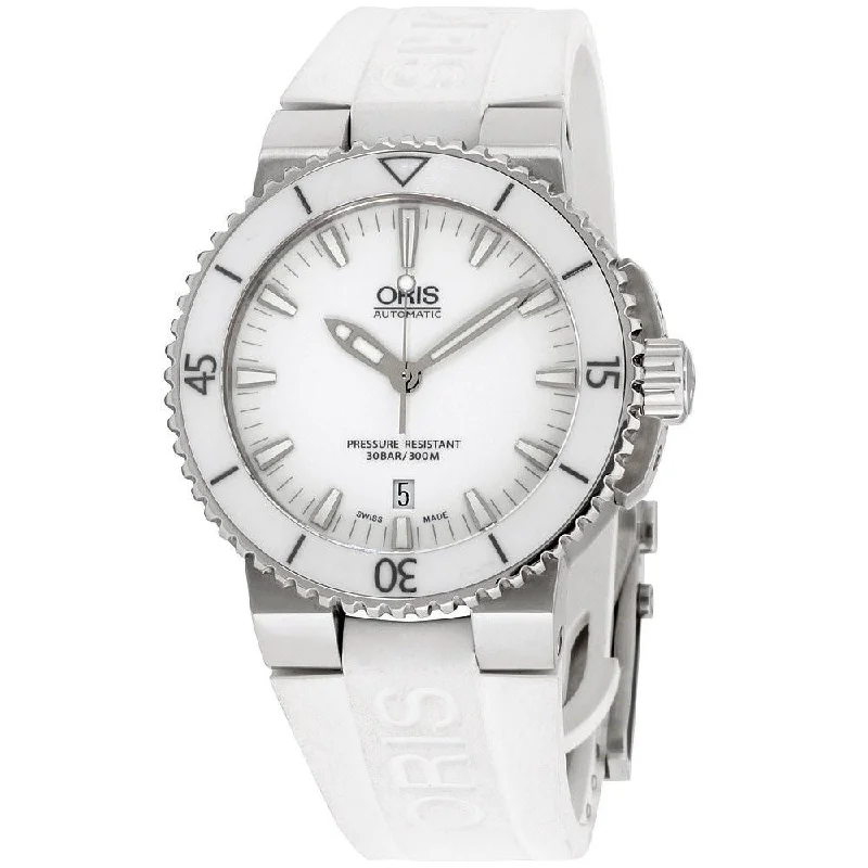 Men's Chronograph Watches with Barometer Calibration-Oris Men's 73376534156RSWHT Aquis White Silicone Watch
