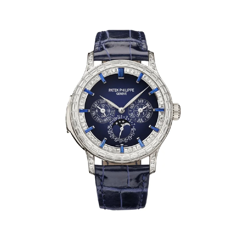 Men's Patek Philippe Watches for Collectors-Patek Philippe Grand Complications 5374/300P-001 Perpetual Calendar Minute Repeater Diamond Set Platinum Case Blue Dial Sapphire Markers