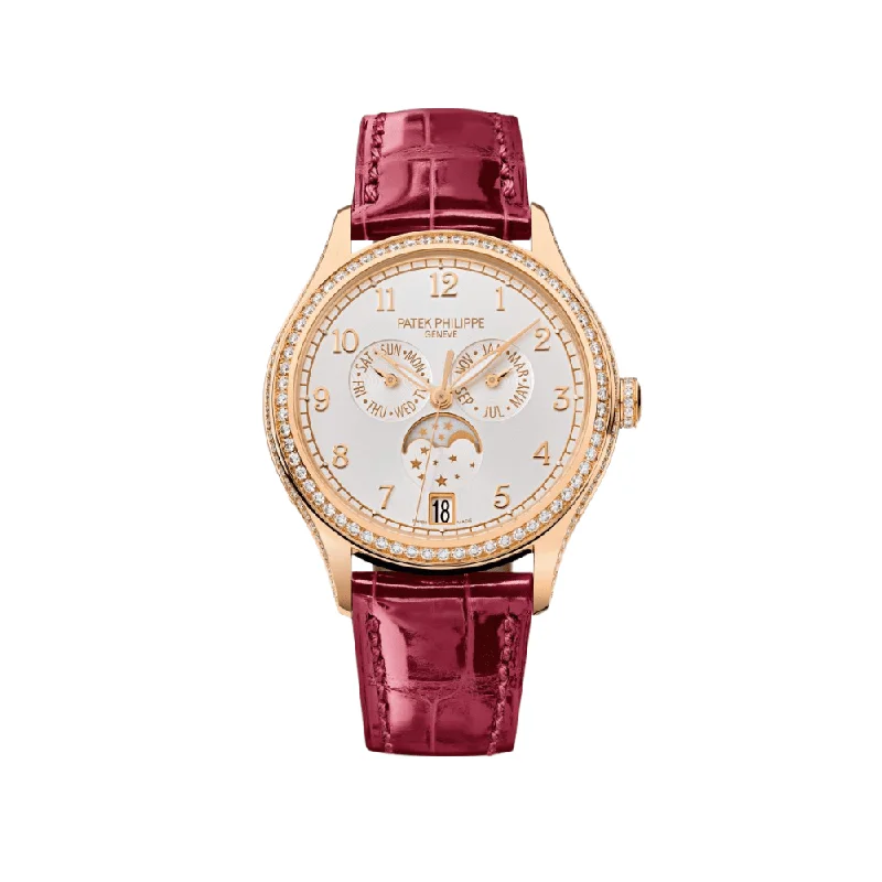 Men's Patek Philippe Watches with Thermometer Function-Patek Philippe Complications 4947R-001 Annual Calendar Moon Phases Rose Gold Diamond Bezel White Dial (2024)