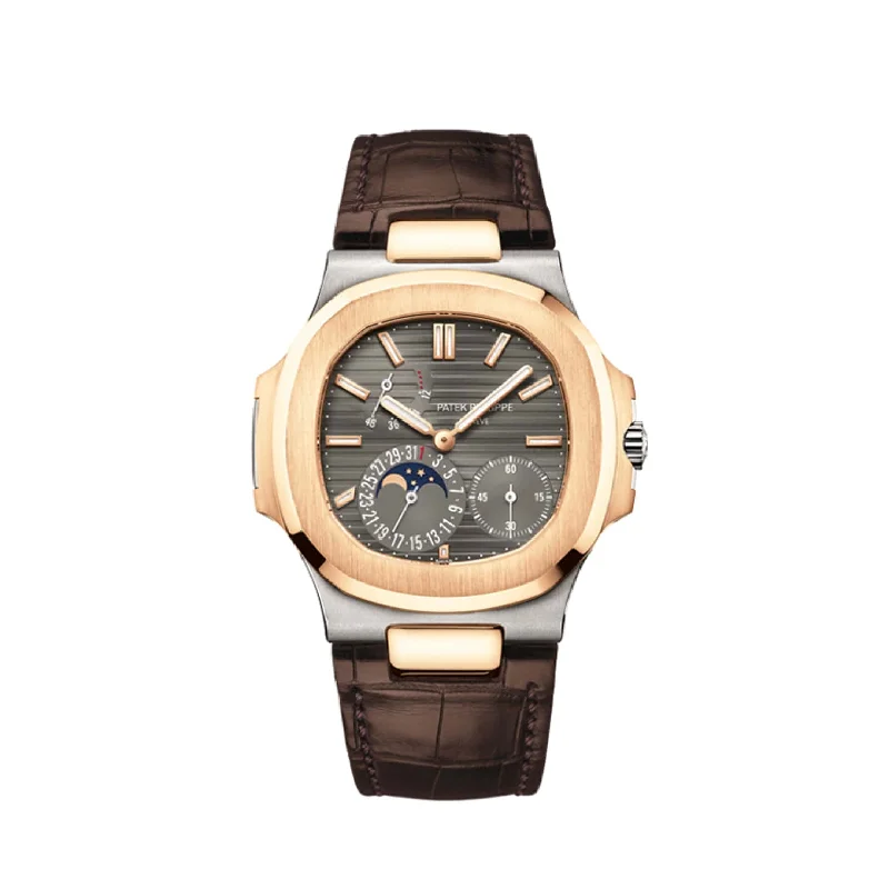 Men's Patek Philippe Watches with Countdown Timers-Patek Philippe Nautilus 5712GR-001 Moon Phase White Gold and Rose Gold