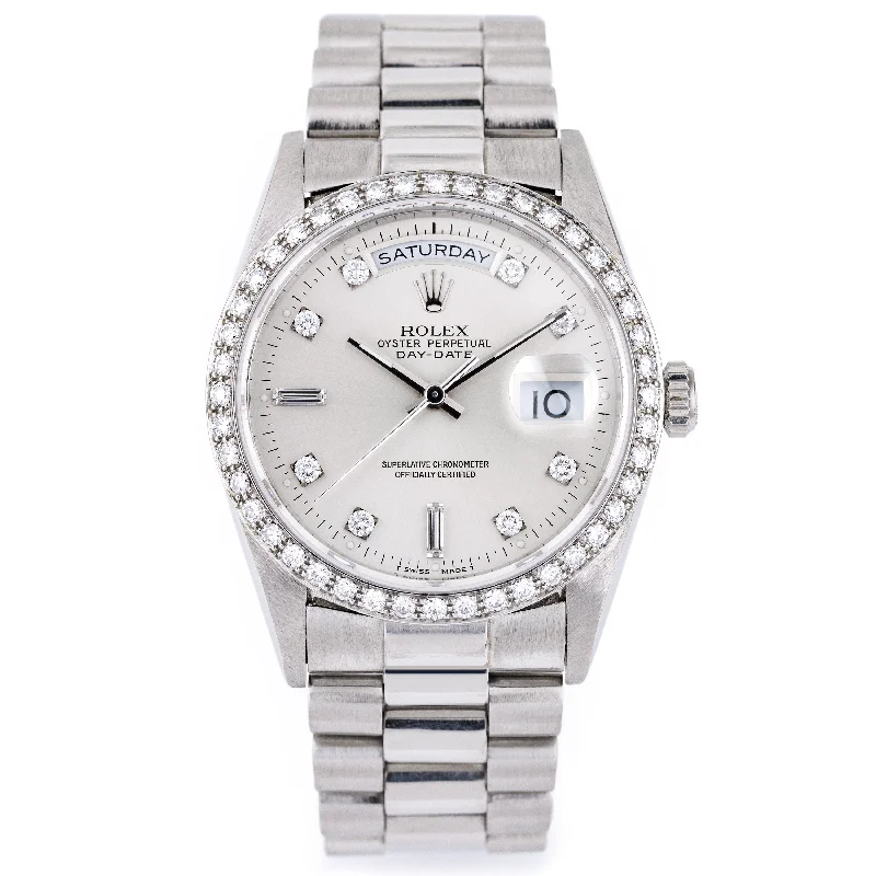 men's Rolex watches with small seconds subdial -​Rolex Day-Date Platinum | REF. 18346 | Silver Diamond Dial | Diamond Bezel | 1989