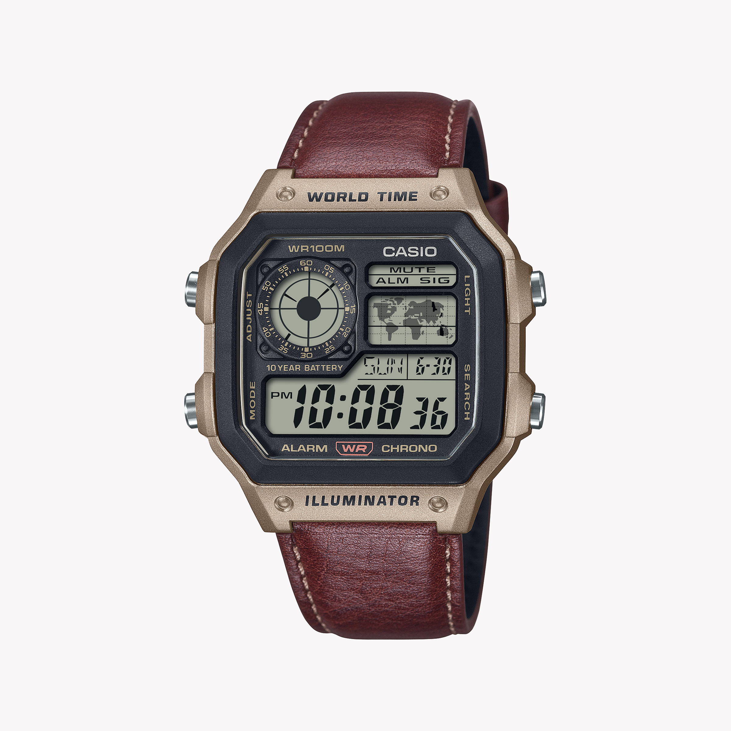 Men's Digital Watches with Personalized Engraving-Casio Men's Gold Synthetic, Burgundy Leather | AE-1200WHL-5AVEF