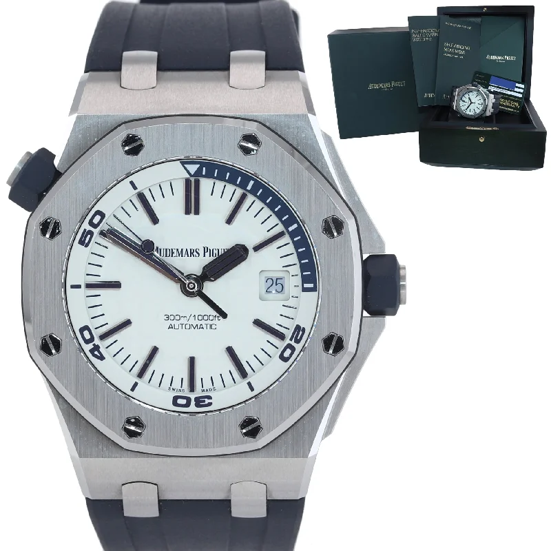 Women's Audemars Piguet Customized Design Watches-NEW PAPERS Audemars Piguet Royal Oak Offshore Diver WHITE BLUE 15710ST Watch Box