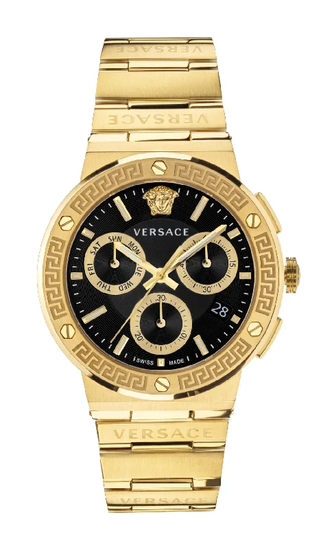 Women's Chronograph Watches with Aviation Theme-Versace Greca Logo Black Dial Round Case Swiss Quartz Chronograph Men Watch