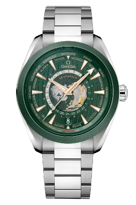 Men's Medium Size Style Dress Watches for Average Wrist-Omega Seamaster Aqua Terra 150M Master Chronometer GMT Worldtimer 220.30.43.22.10.001