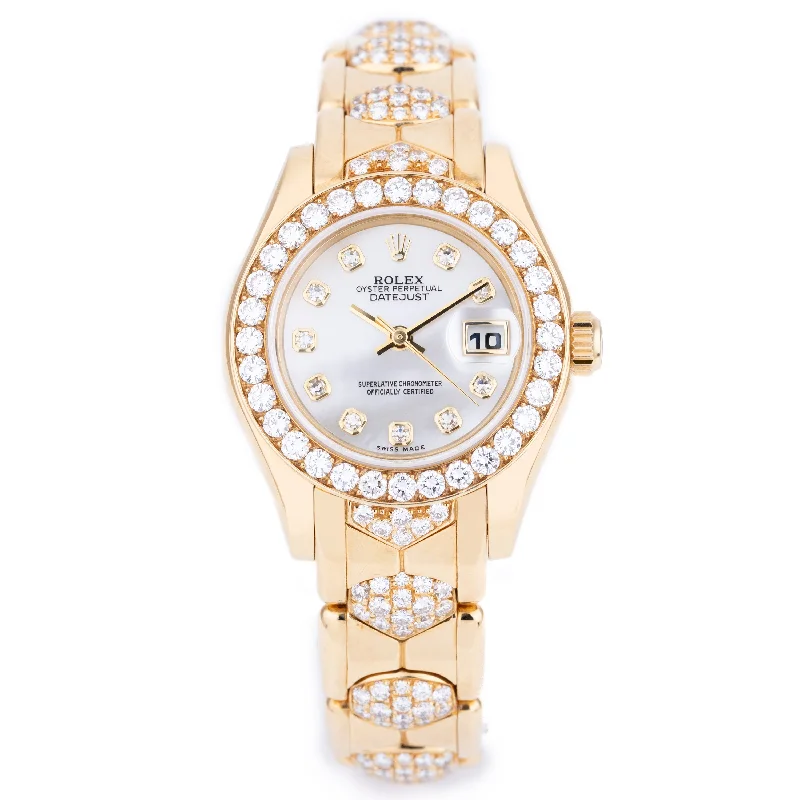men's Rolex watches with baguette-cut diamond bezel -​Rare Rolex Lady DateJust Pearlmaster | REF. 69298 | White Mother of Pearl Diamond Dial | Diamond Bezel & Bracelet | 18k Yellow Gold | 1995
