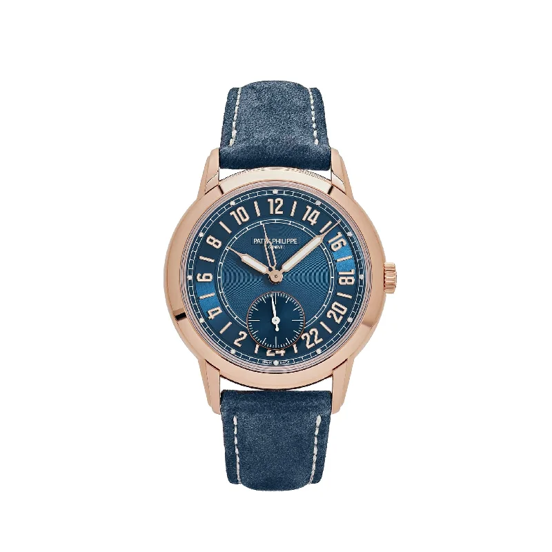 Men's Patek Philippe Watches with Compass Calibration-Patek Philippe Complications Calatrava 5224R-001 Travel Time Rose Gold Navy Blue Dial