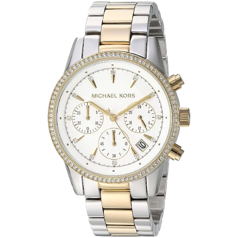 Women's Chronograph Watches for Fitness Tracking-Michael Kors Women's MK6474 Ritz Chronograph Crystal Two-Tone Stainless Steel Watch