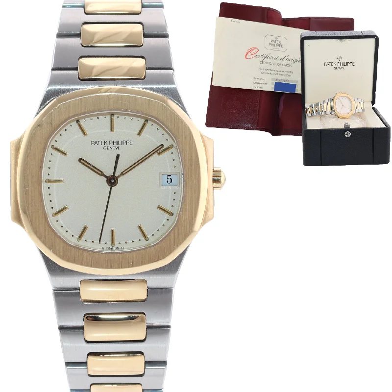 Women's Patek Philippe Date Night Style Watches-PAPERS  Patek Philippe Nautilus 3900 Yellow Gold Two Tone White Steel Watch