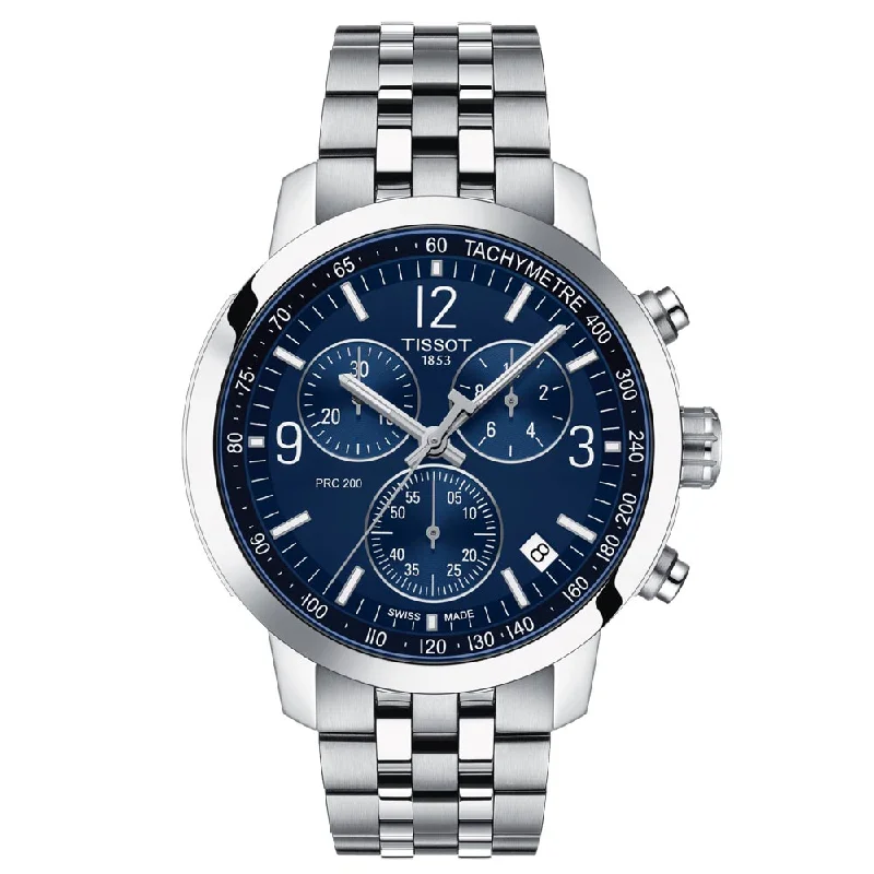 Women's Chronograph Watches for UV Protection-Tissot PRC 200 Chronograph 43mm Blue Dial Gents Quartz Watch T1144171104700