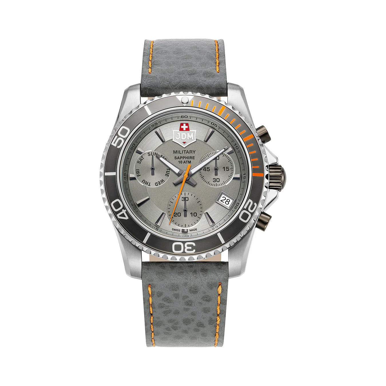 Men's Military Watches for Law Enforcement Agencies-JDM Military Sierra Chrono Men's Grey Dial Watch JDM-WG019-07 – Swiss Made, 43mm, Sapphire Crystal, Chronograph, 5 ATM, Leather Strap