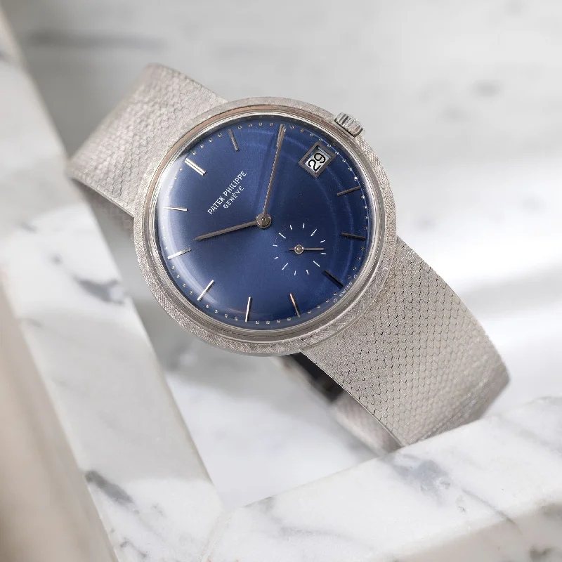 Men's Patek Philippe Annual Calendar Watches-Patek Philippe Calatrava Blue Dial in 18k White Gold with Original Guarantee Paper Ref. 3445/6