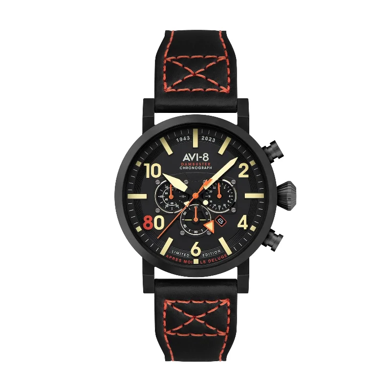 Men's Chronograph Watches for Mountain Climbing-Dambuster 617 Squadron 80th Anniversary Dual Time Chronograph Limited Edition Jet Black AV-4107-01