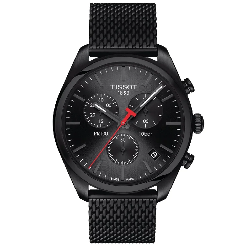 Women's Chronograph Watches with Limited Edition-Tissot PR 100 Chronograph 41mm Black Dial Black PVD Steel Gents Quartz Watch T1014173305100